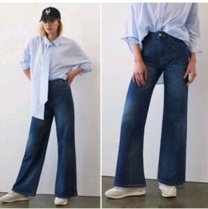 Anthro Pilcro The Annie Wide Leg Jeans Medium/Dark Distressed Size 29T Women's